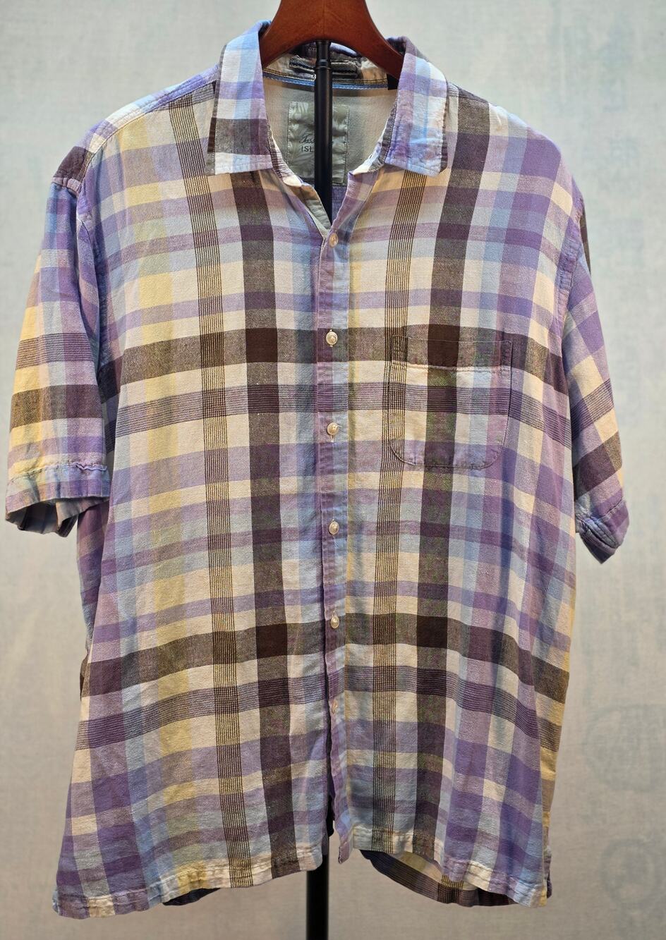 Tasso Elba Island Mens L Plaid Camp Shirt Linen Cotton Blend Purple Short Sleeve